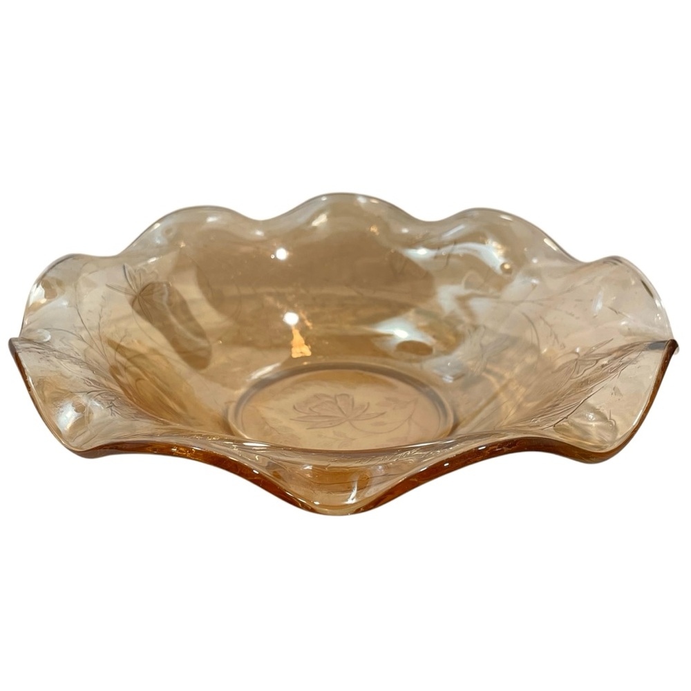 Vintage 1950s Floragold Louisa Jeannette Glass Co Iridescent Ruffled Bowl 9 1/2”